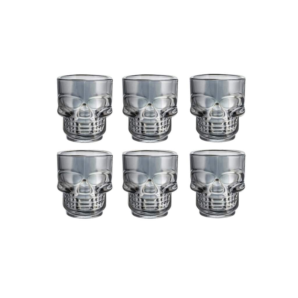 Skull-Shaped Shot Glasses Set of 6, 1.75oz - Glass Novelty Drinkware for Halloween, Parties, and Barware