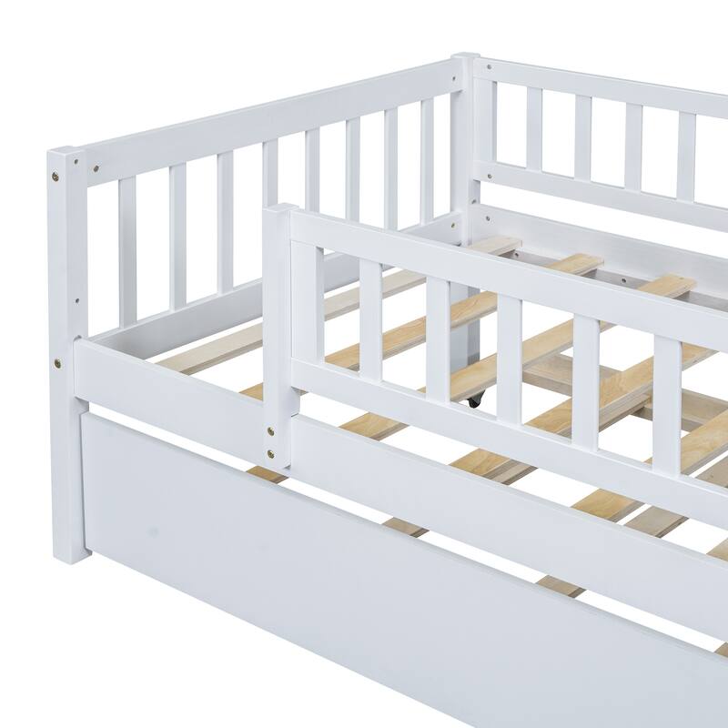 Wooden Twin Daybed with Trundle and Fence Guardrails, Space-Saving Design