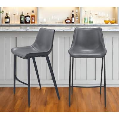 Set of Two 30" Dark Gray And Black Faux Leather And Steel Bar Height Bar Chairs