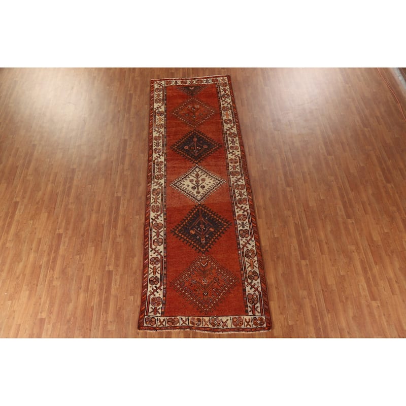 Geometric Qashqai Persian Vintage Runner Rug Handmade Wool Carpet - 4'5"x 13'3"