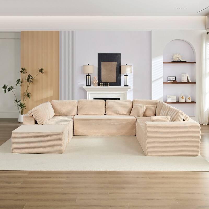 Corduroy 141'' Deep Seat Modular Sectional Sofa, Modern 8-Seater U-Shape Sofa Couch with Moveable Ottoman