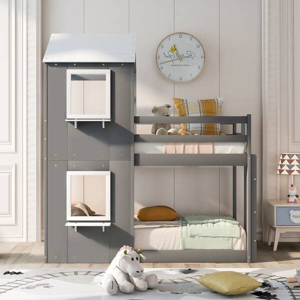 slide 2 of 34, Safety Design Twin Over Twin Bunk Bed Wood Bed with Roof, Window, Guardrail Gray