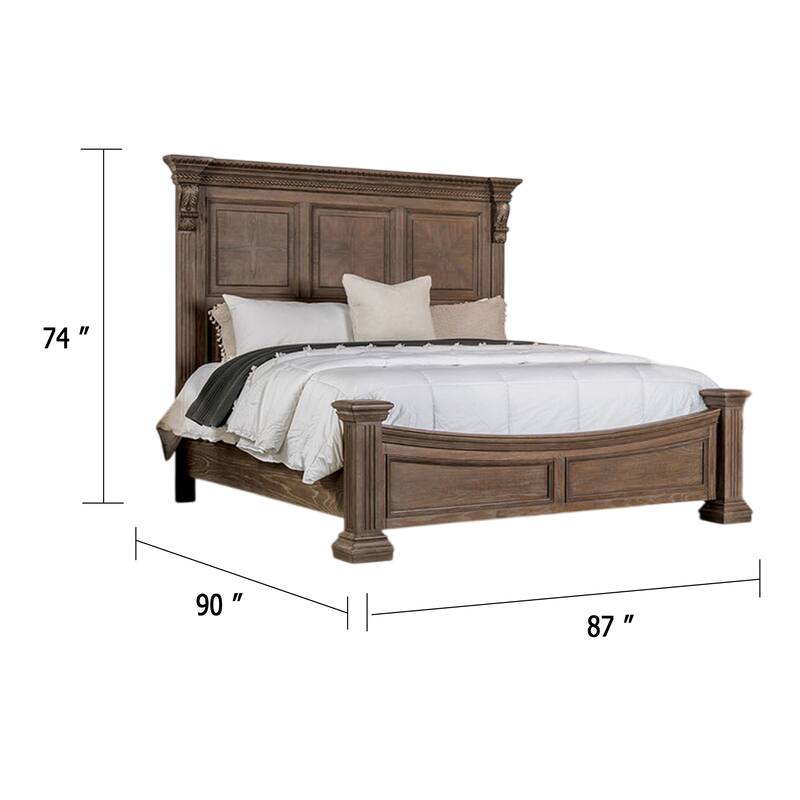 Reven King Bed, Weathered Oak, Solid Wood, Intricate Carved Details