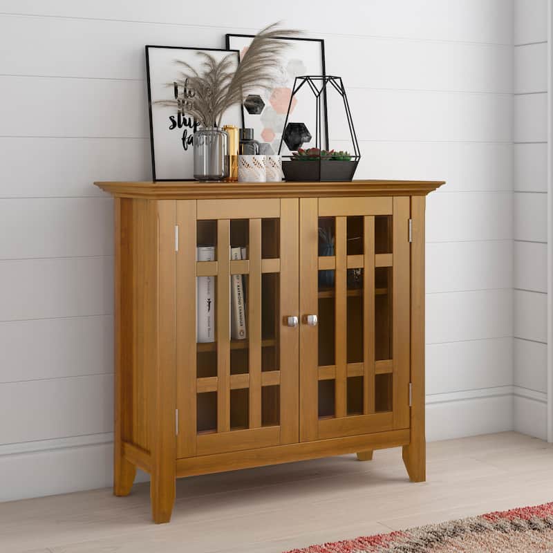 WYNDENHALL Freemont Solid Wood Transitional Low Storage Media Cabinet - 32"w x 14"d x 31" h - Light Golden Brown
