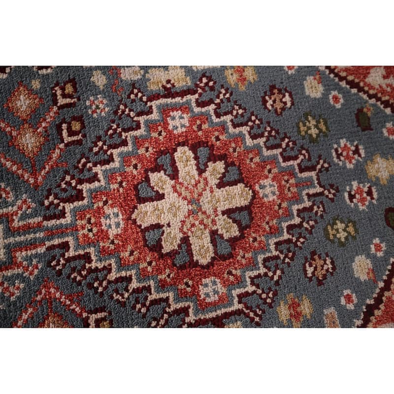 Gray Geometric Kazak Indian Runner Rug Hand-Knotted Wool Carpet - 2'6"x 8'2"
