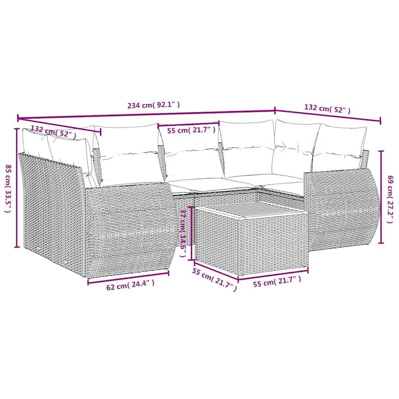 vidaXL 7 Piece Patio Sofa Set with Cushions Black Poly Rattan - 24.4x 24.4x 27.2
