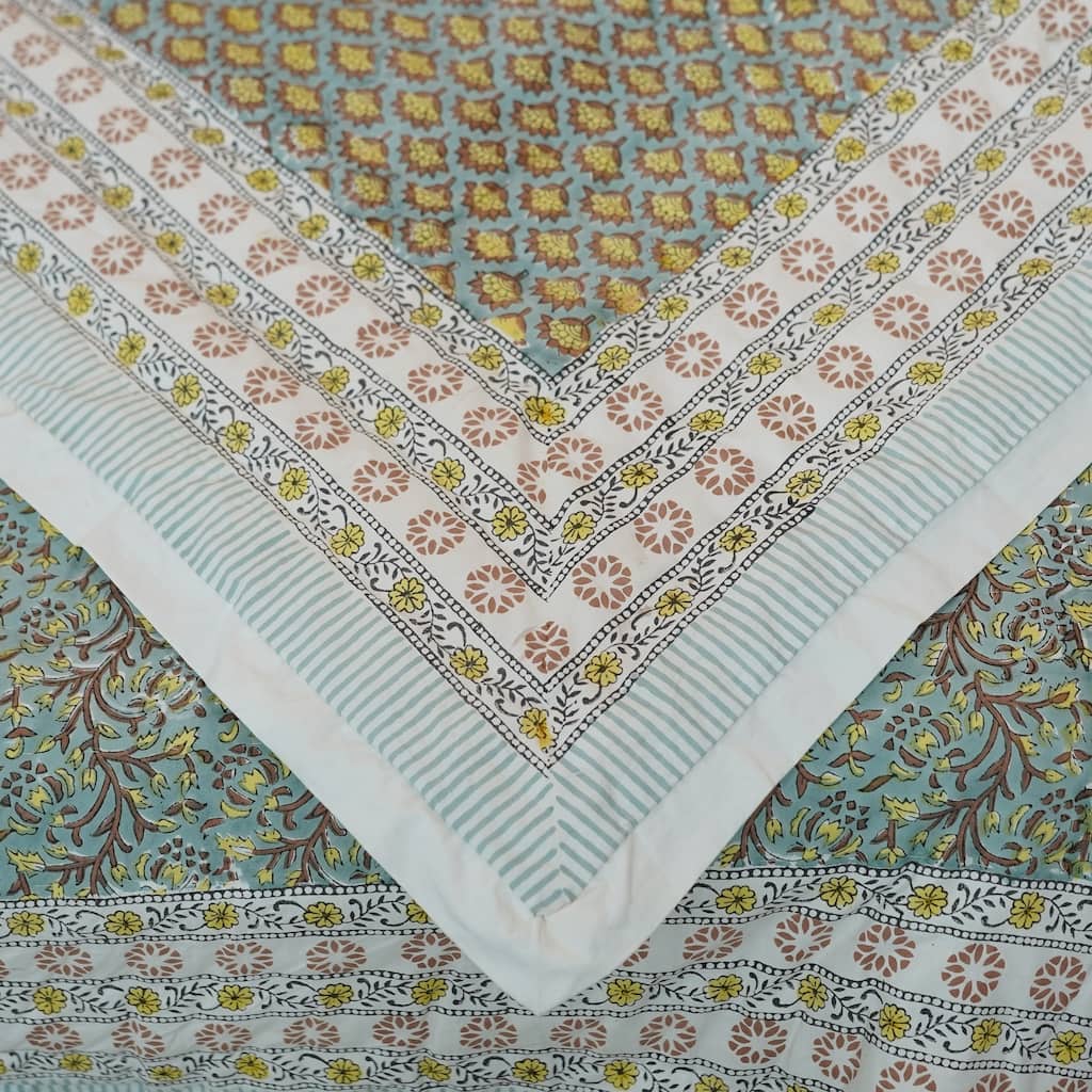 Fabdivine Handmade Textured Cotton Quilt - Brown Green Floral Heritage Textile, Reversible Decorative Quilt for Home Décor