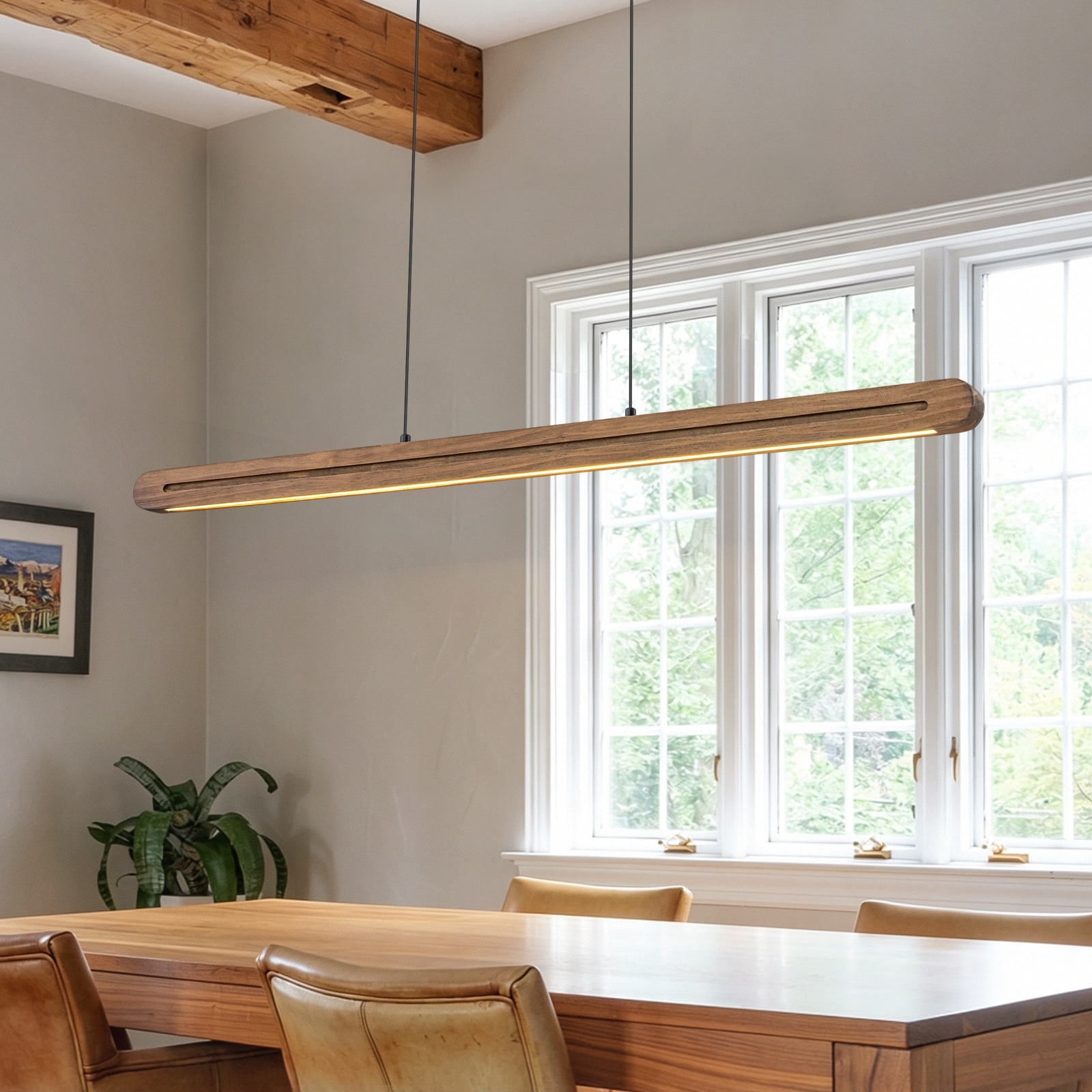 Farmhouse Antique Wood Linear Integrated LED Chandelier Pendant Light for Kitchen Island Dining Room