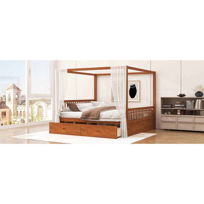 Roomfitters Queen/King Wooden Canopy Bed with 2 Storage Drawers, Solid Wood Frame, Walnut