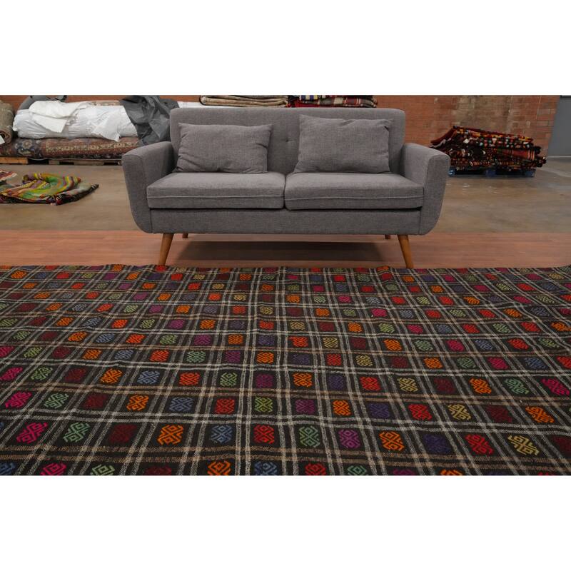 Hand Woven Oriental 100% Wool Carpet Southwestern All-Over Black Kilim Area Rug - 11' 1'' X 5' 9''