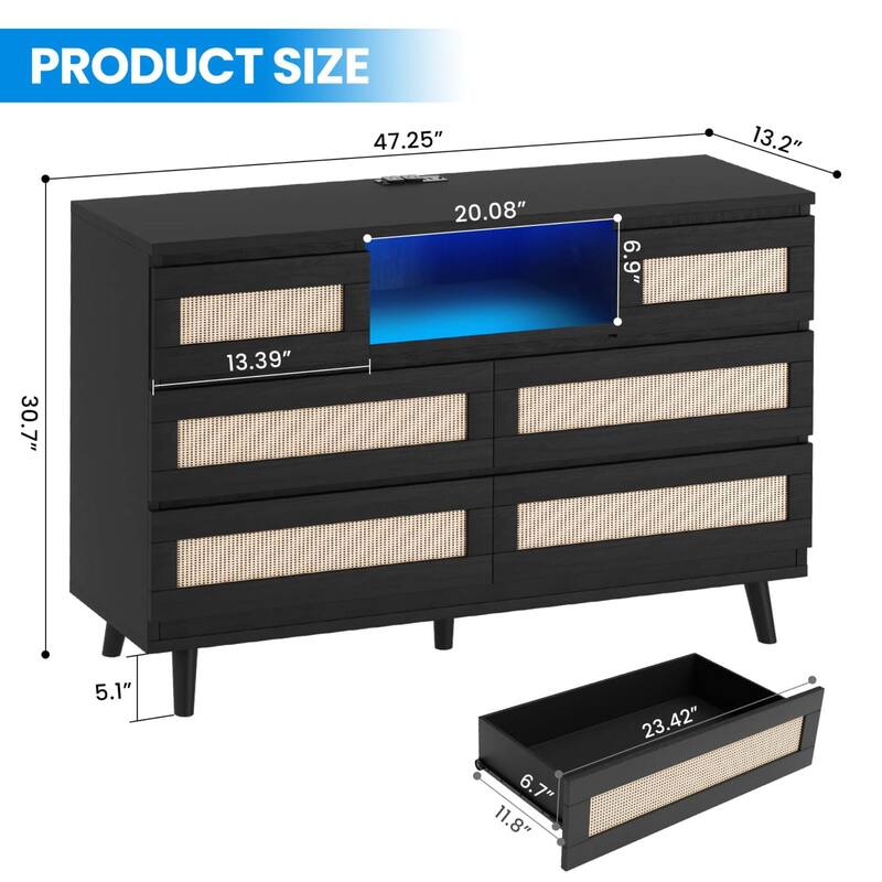 6-Drawer Rattan Dresser with LED Light & Charging Station, Modern Double Chest for Bedroom