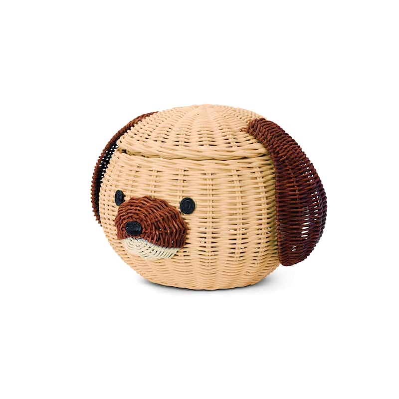 Dog Head Rattan Storage Basket with Lid Decorative Bin Home Decor Hand Woven Shelf Organizer Cute Handmade Handcrafted Gift