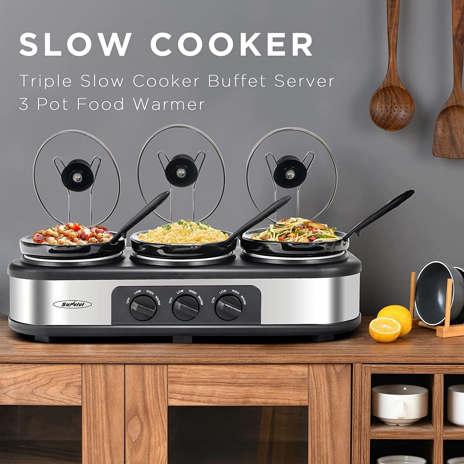 Gourmet Triple Slow Cooker, Triple Food Warmer, Buffet Server