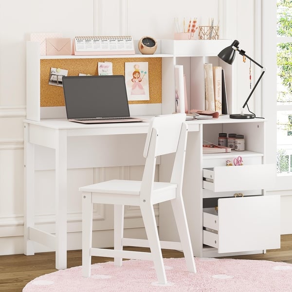 slide 2 of 8, COSTARS Kids Study Desk and Chair Sets with Hutch and 2 Storage Drawers White