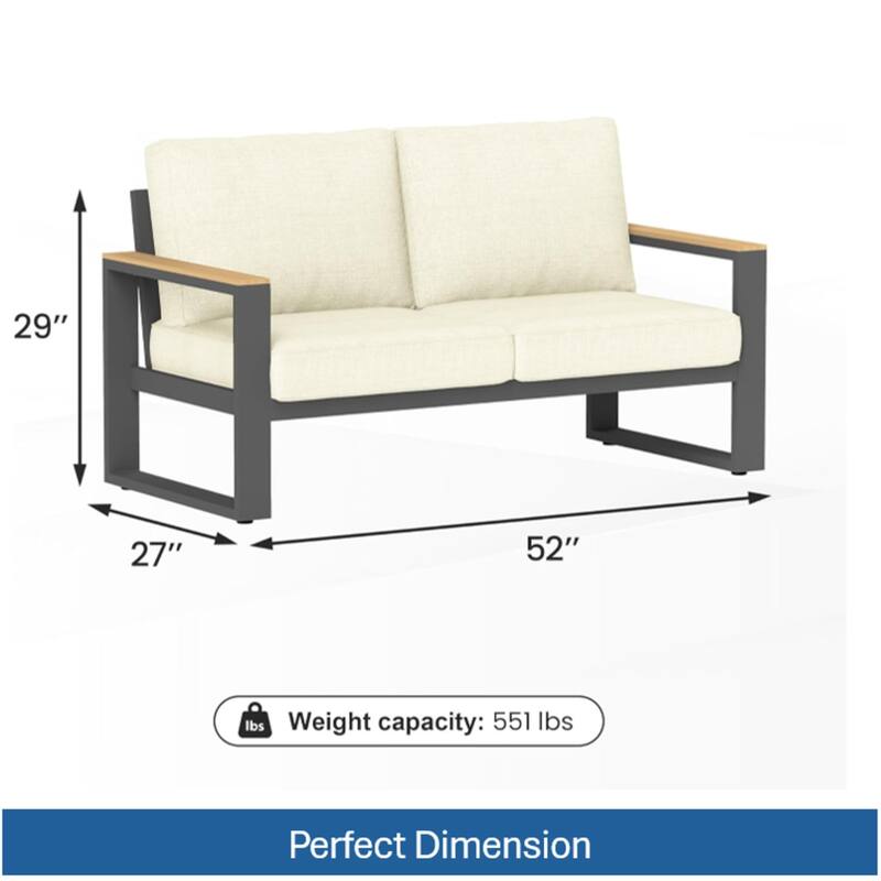52" Aluminum Patio Loveseat Sofa with Thick Beige Cushions