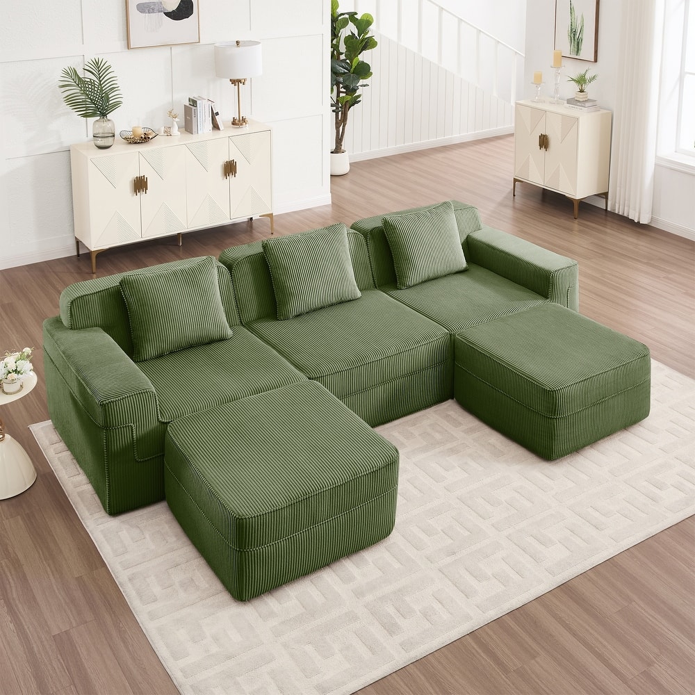 GDFStudio - Corduroy Modular 3-Seater 117.3" U-Shaped Boneless Cloud Sofa with 2 Ottomans
