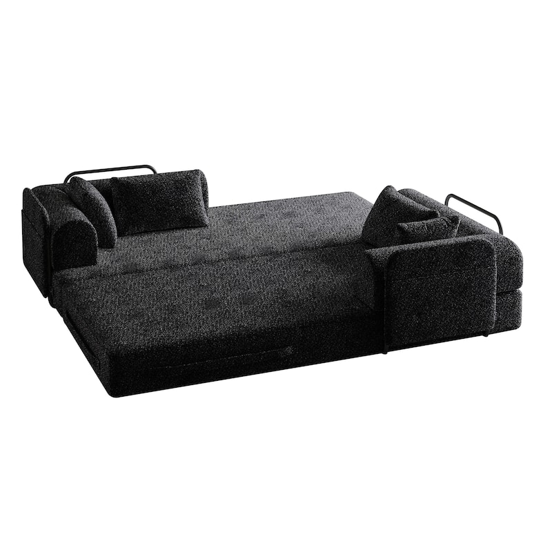 Chenille Floor Lounge Couch Convertible Sleeper Sofa Bed Folding Mattress with Cylindrical Pillow, Side Pocke and Metal Frame