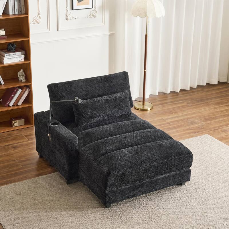 Chenille Single Sofa Chair Chaise Lounge with Phone Holder, Upholstered Recliner Sleeper Sofa Bed for Living Room - Black