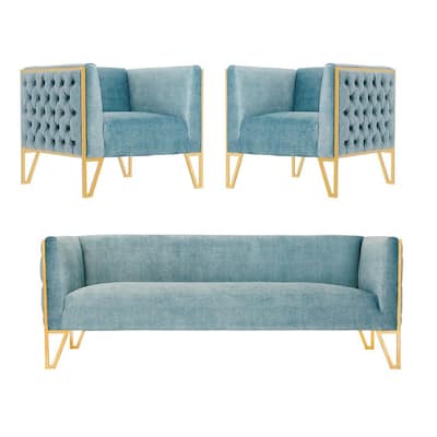 Manhattan Comfort Vector 3-Piece Grey and Gold Sofa and Armchair Set