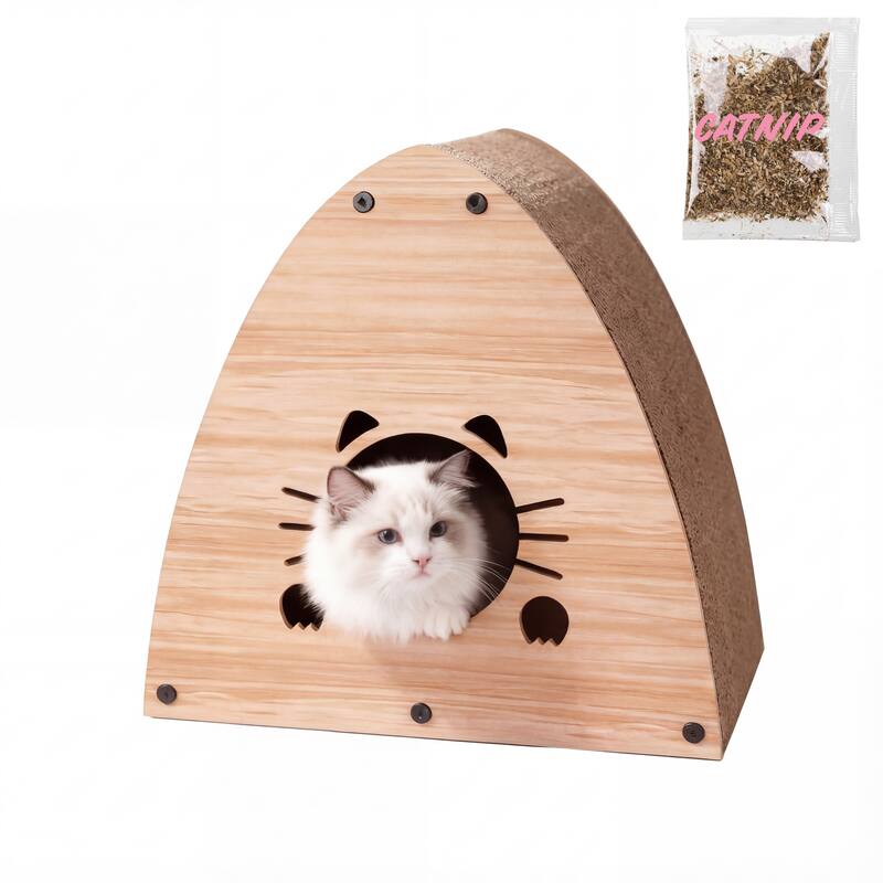 Koko 19" Cardboard Triangle Cat Cave Scratcher with Catnip - Assembled - Brown Wood Grain Finish