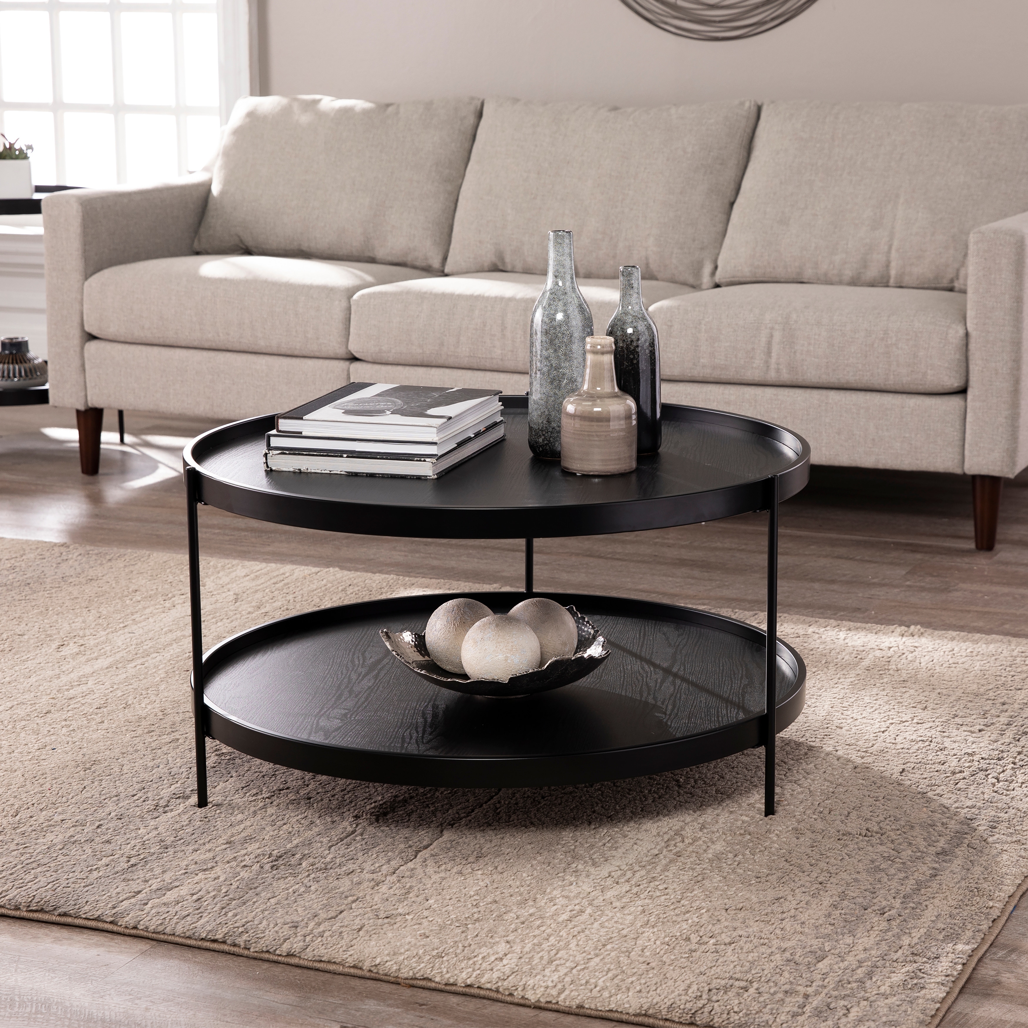 SEI Furniture Vaquero Mid Century Modern Round Wood Grain Two Tier Coffee Table