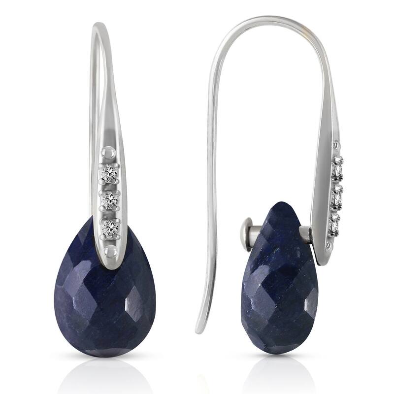 14K Solid Gold Hook Earrings w/ Diamonds & Dangling Dyed Sapphires - White
