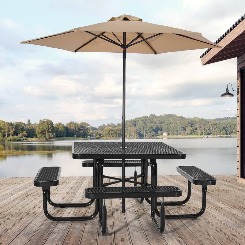 75.8" Black Picnic Square Dining Table with Built-in Umbrella Hole and Metal Frame for 6-8 People - 75.8 x 75.8 x 29.33 in