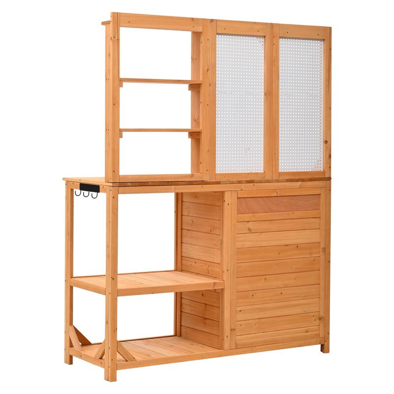 Outdoor Wood Potting Bench with Pegboard, Cabinet & Shelves, Garden Work Table with Hooks and Drawer