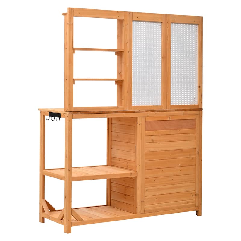 Roomfitters Fir Wood Potting Bench with Hutch, 4 Shelves, storage units, Cabinet & Pegboard Hooks, Outdoor Garden Work Table