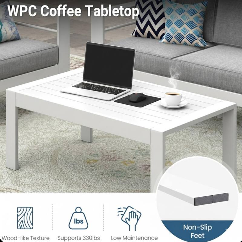 43" Aluminum Patio Coffee Table, Modern White Rectangle Table