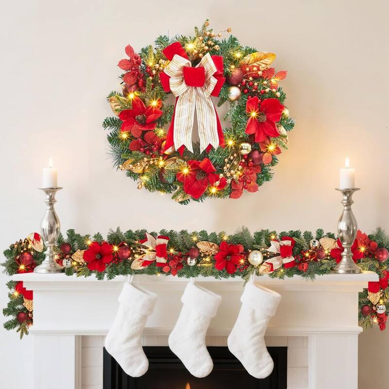 6ft Artificial Christmas Wreath Garland with LED Lights