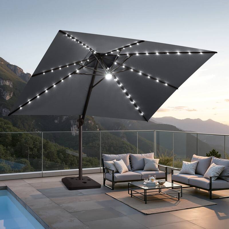 10 FT x 13 FT Outdoor Premium Solar LED Lighted Patio Cantilever Umbrella with Base