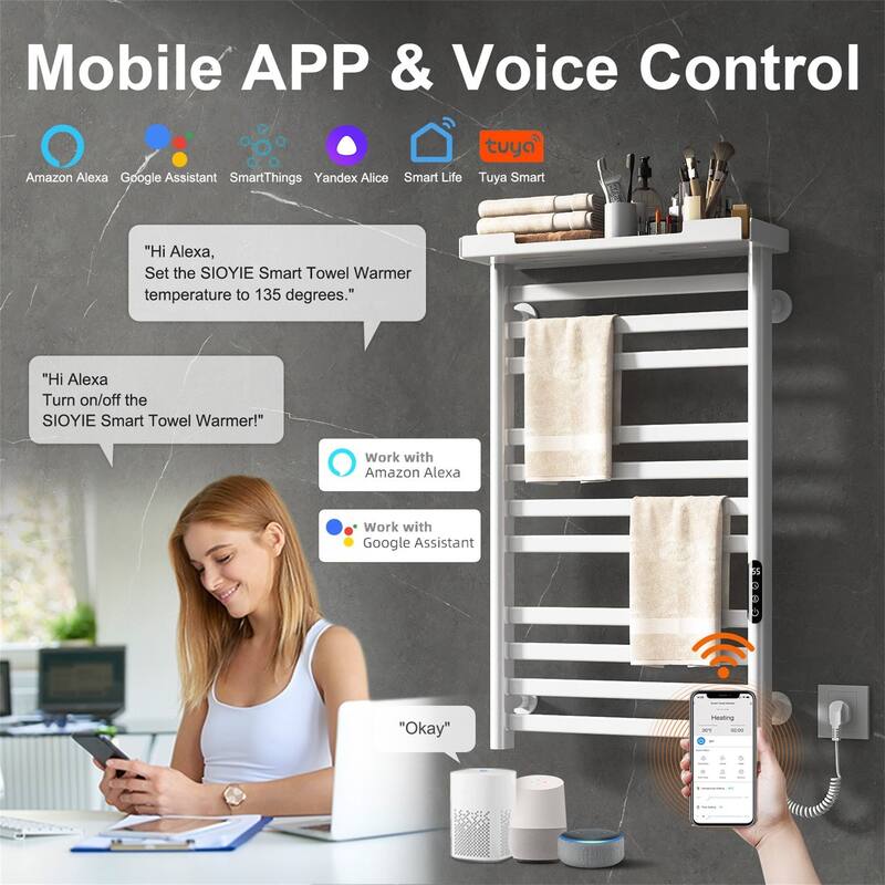 Heated Towel Rack with Shelf and Wi-Fi App Control