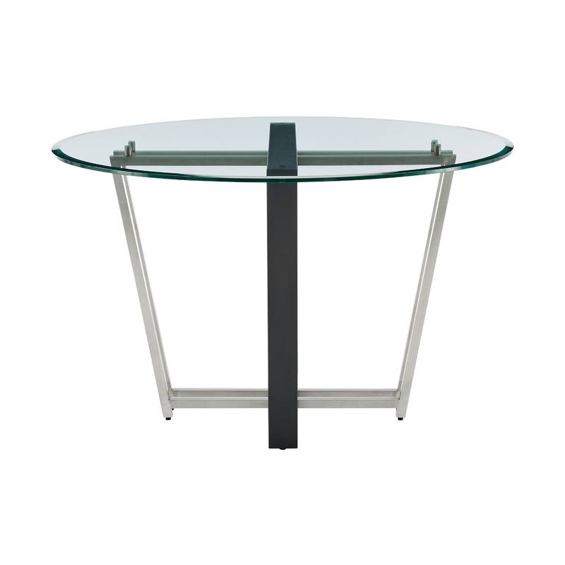 Sanaya Dining Table, 48 Inch Glass Top, Silver Steel, Black Iron - Black, Silver, Clear