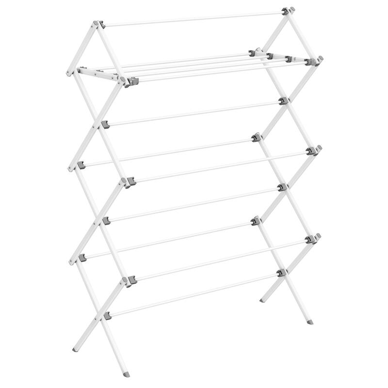 Pearl White Steel Foldable Clothes Drying Rack with 12 Rods for Indoor or Outdoor Use - 14.6"D x 36.6"W x 53.2"H