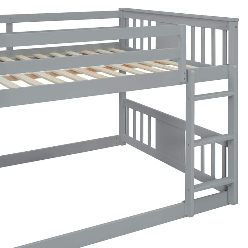 Full Over Full Bunk Bed with Ladder and Gray Solid Wood, 300lb Capacity, Space-Saving Design