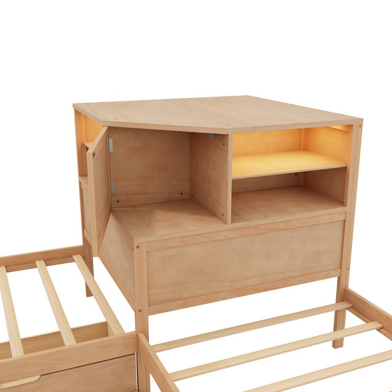 All-in-one Low Profile Platform Bed with Trundle and Drawer, Wooden Floor Bed Linked Corner Bed Built-in Desk and Led Downlight