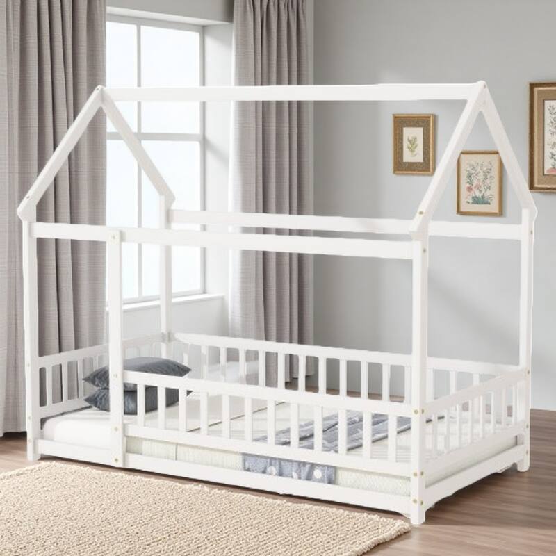 Twin Size Wooden Floor Bed with Roof Frame and Guardrails, Montessori Style Kids House Bed - White