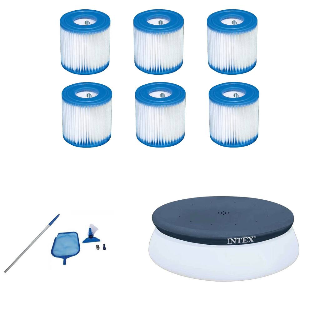 Intex Type H Replacemant Filter Cartridge (6), Cleaning Kit & 10ft Pool Cover - 4.5