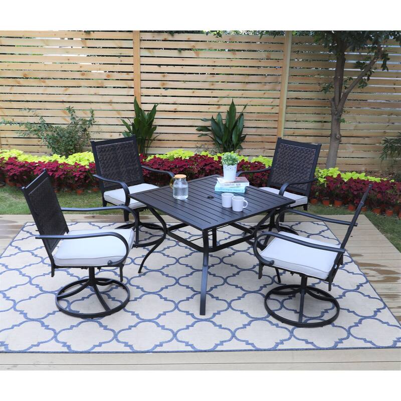 5piece Patio Dining Set, 4 Rattan Swivel Chairs with Cushion and 1