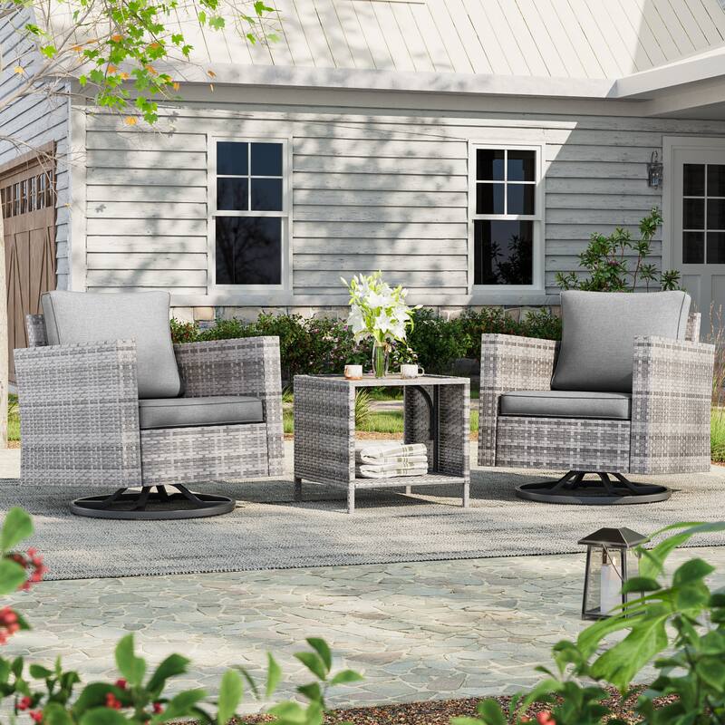 LIVOOSUN 3-Piece Patio Sofa Set Gray Rattan Swivel Rocking Chair Side Table - Grey