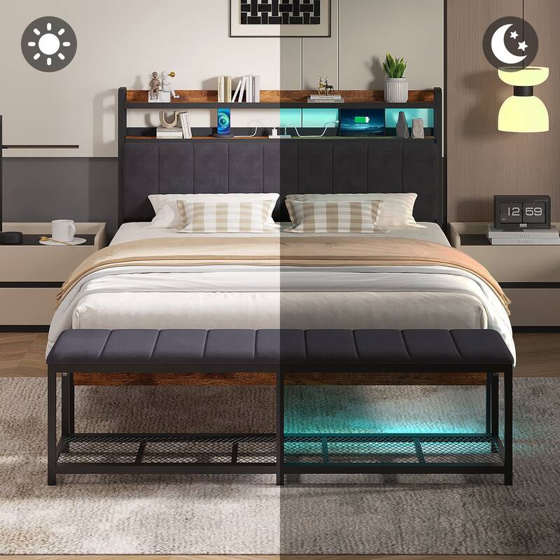 Javlergo Bed Frame with Bench, Bedframes with Charging Staions, Headboard and Storage Bench, LED Lights and Storage Shelves