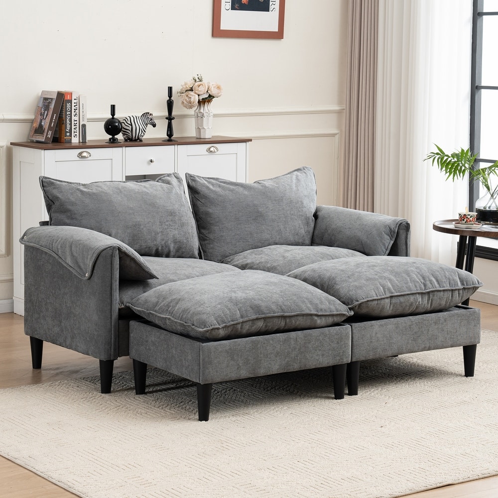 Cloud Loveseat Sofa & Storage Ottomans Set, Sleeper Sectional Sofa Bed with Chaise Lounge, Widen Armrests and Slipcovered