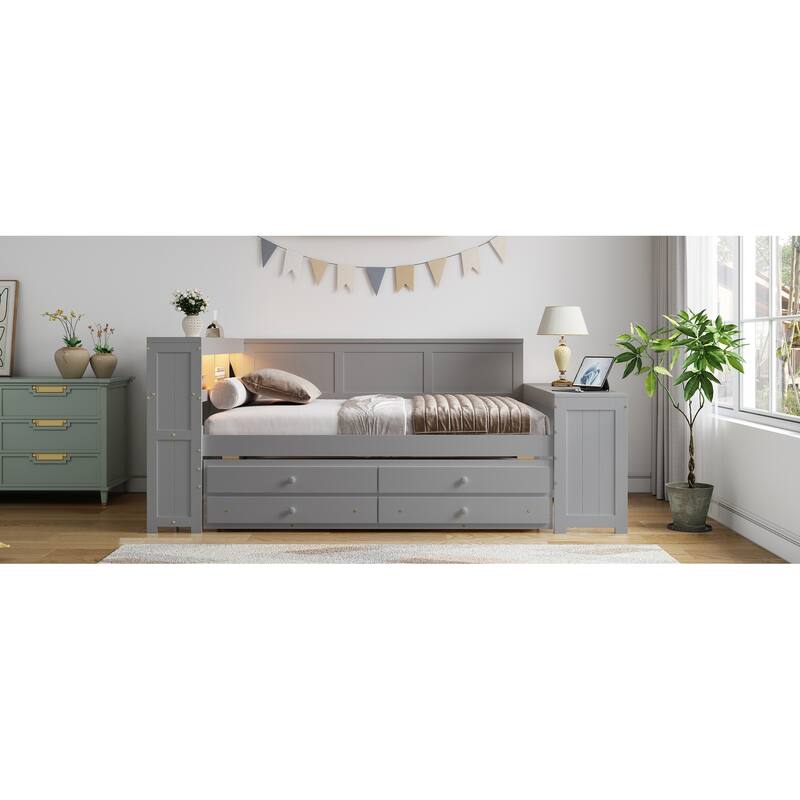 Full Size Daybed with Storage Shelves, Drawers, Trundle, Charging Station, LED Light, Desk and Cabinet