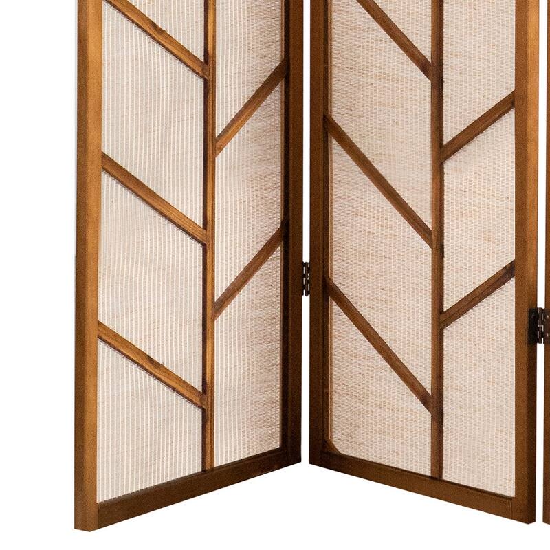 3 Panel Screen with Jute Linen Fabric and Wooden Frame, Brown and Beige