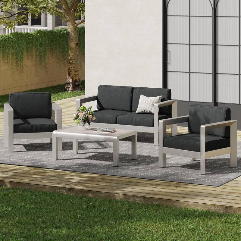 Aviara Outdoor 4-Seater Aluminum Chat Set with Tempered Glass-Topped Coffee Table by Christopher Knight Home - silver + gray cushion