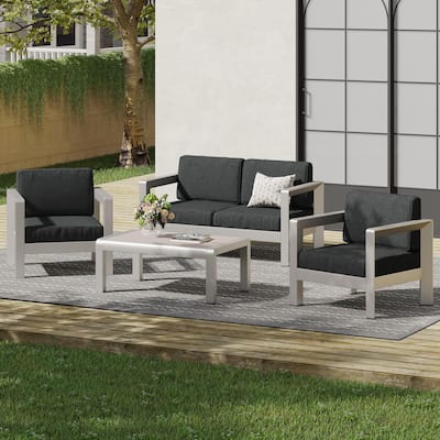 Aviara Outdoor 4-Seater Aluminum Chat Set with Tempered Glass-Topped Coffee Table by Christopher Knight Home