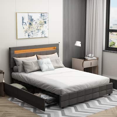 60.6" Queen Bed Frame Storage Drawers Adjustable Headboard Lights LED