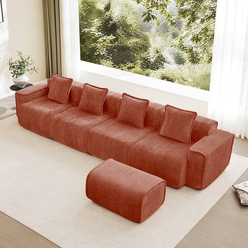 GDFStudio - Velvet Streamlined Modular 4-Seater 138.58" L-Shaped Sectional Sofa with Ottoman - Red