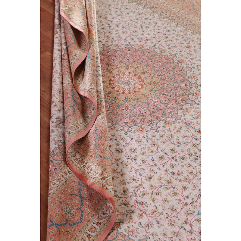 Hand Knotted Oriental 100% Silk Carpet Traditional Floral Beige & Ivories Qum Area Rug - 9' 11'' X 6' 5''